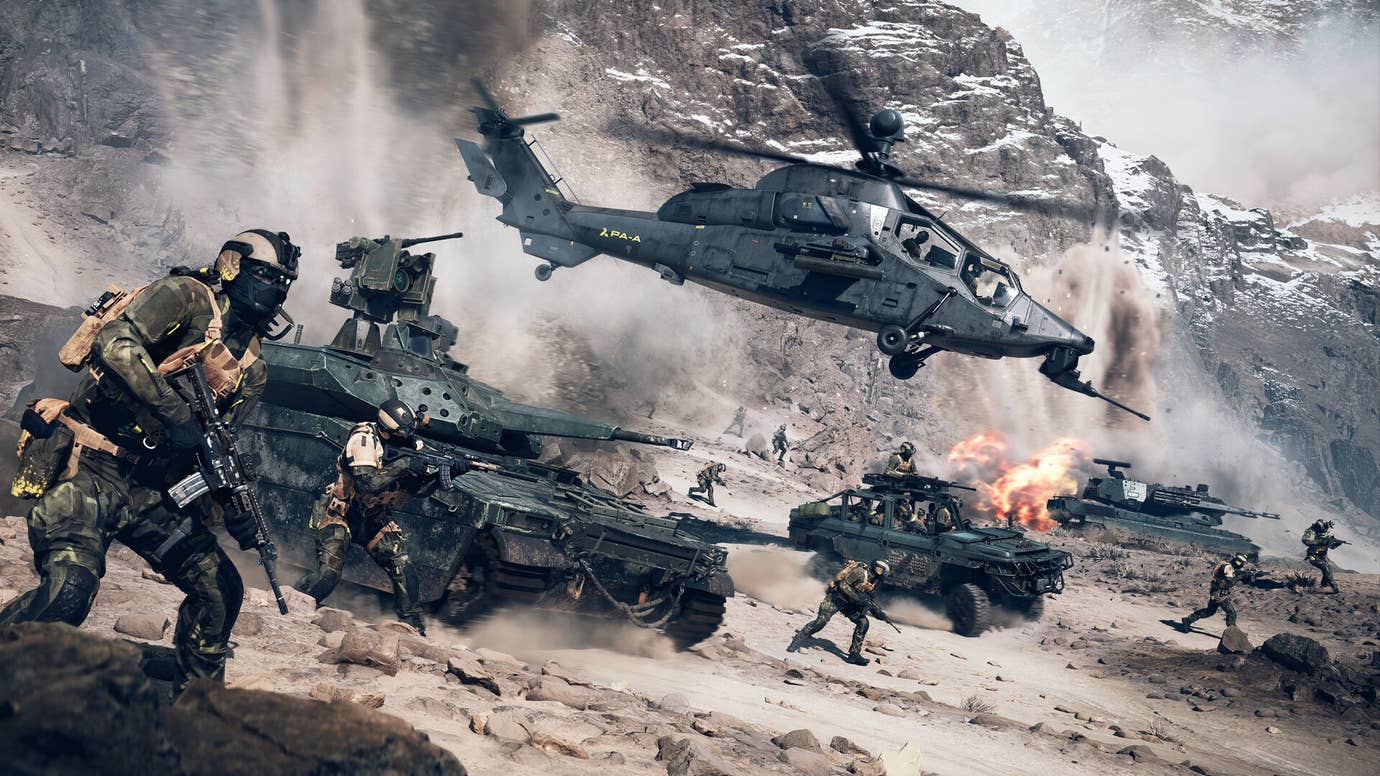 Soldiers, tanks and helicopters charging across the view in a mountainous area from Battlefield 6